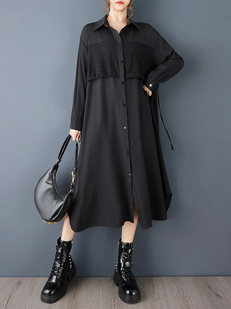 Oversized Patchwork Shirt Long Sleeve Dresses For Women New Loose Casual Vintage Midi Dress Elegant Clothing Spring Autumn 2025