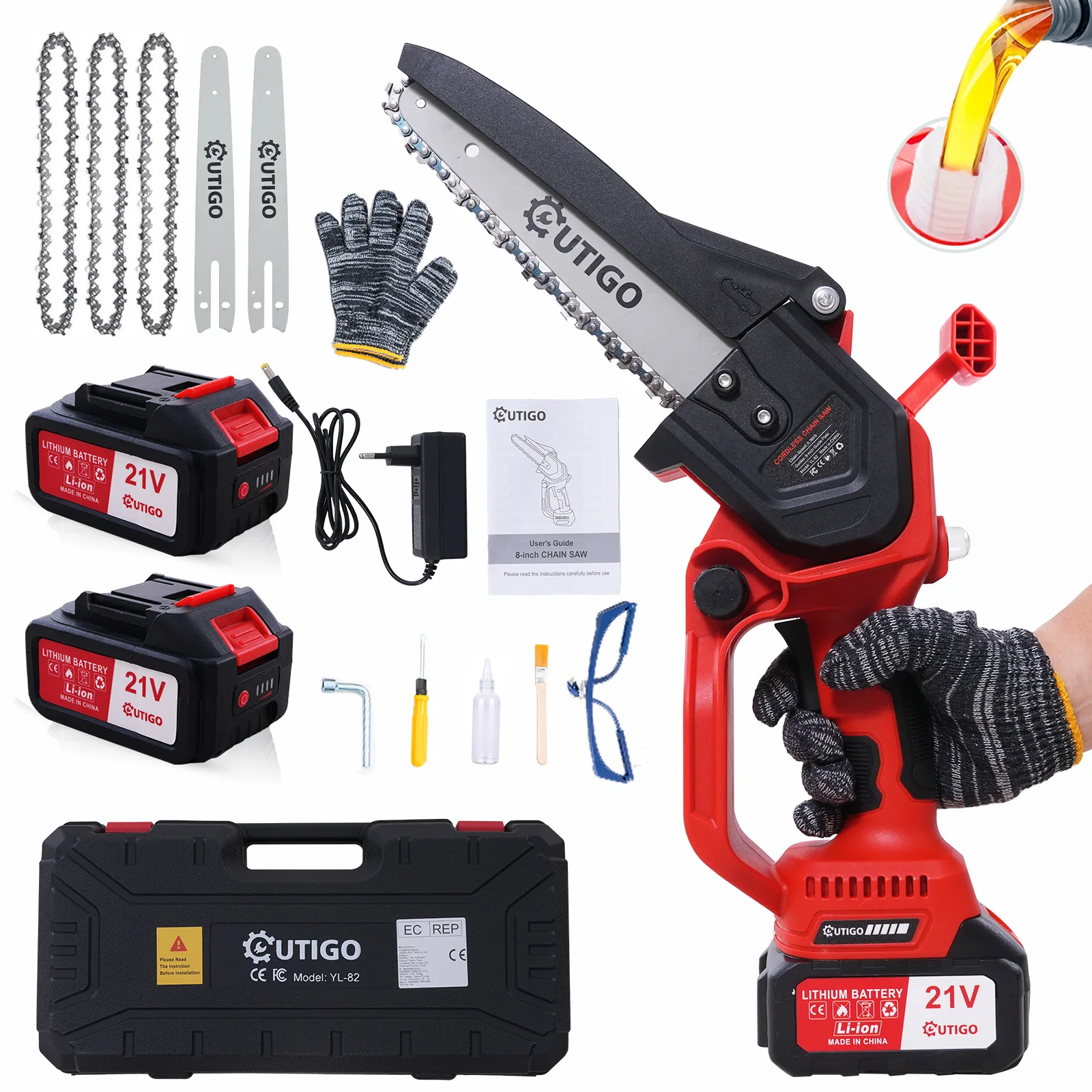 OUTIGO Tronçonneuse à batterie, Tronçonneuse 8 pouces, 2*4000mah, MINI Tronçonneuse sans fil, 4 chaînes+3 guides de chaîne