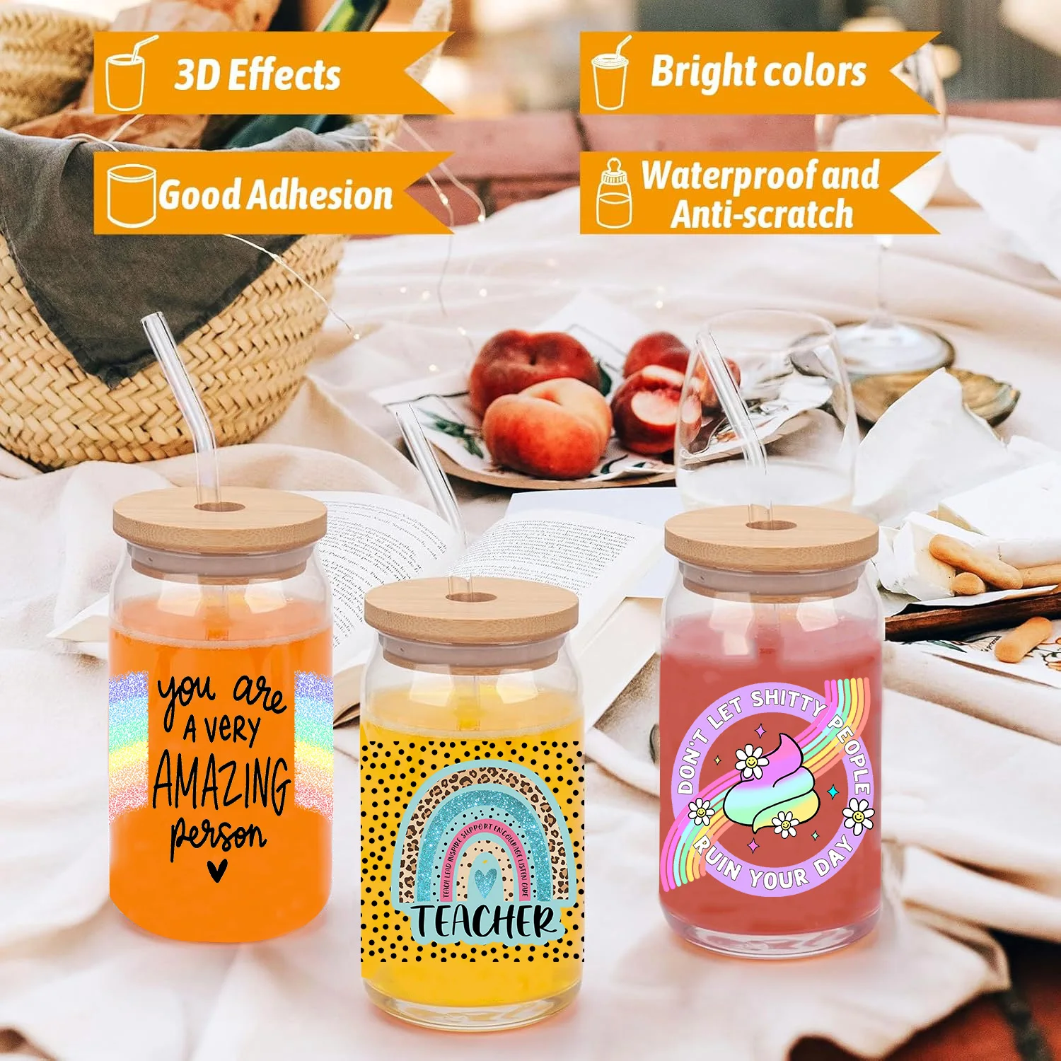 Rainbow stickers peel waterproof DIY Decals 3D transfers uvdtf crystal stickers 16oz uv dtf cup wraps for Libbey Glasses