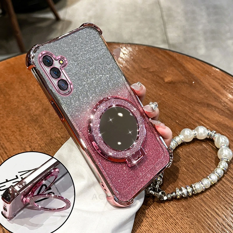 Glitter Mirror Holder Bracelet Chain Soft Shockproof Back Cover Case