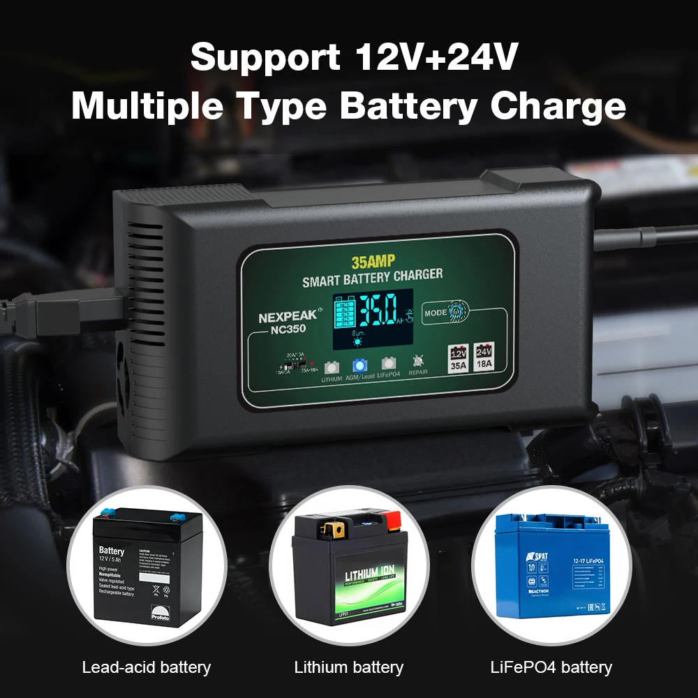 10-Amp 12V Car Battery Charger, 24 Volt 5A NEXPEAK Fully-Automatic Battery  Charger/Maintainer Trickle Charger with LCD Screen Pulse Repair Charger