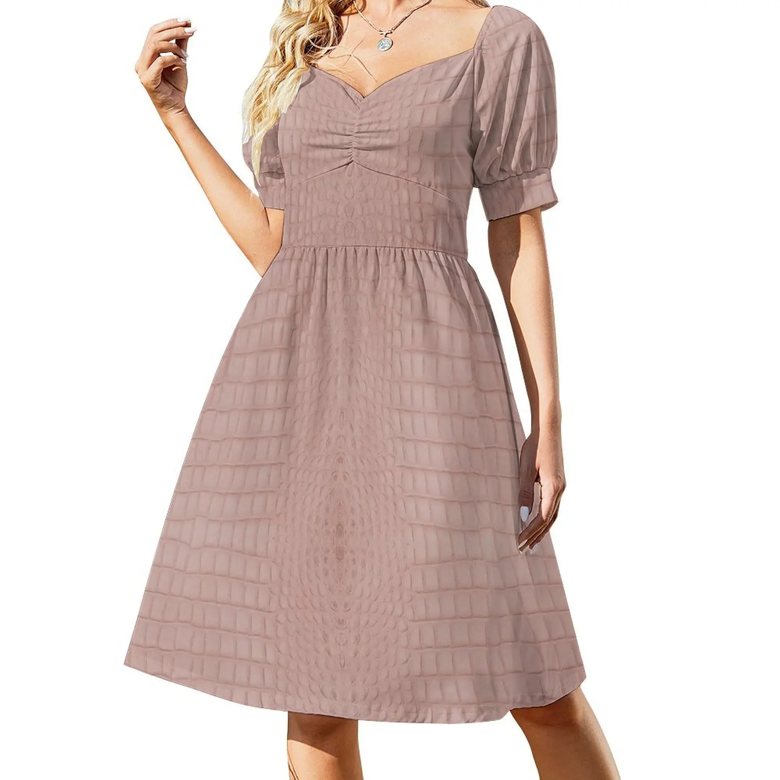 thumbnail image 1 of Vestido de manga corta con textura de cocodrilo rosa Vestido de verano para mujer Vestido holgado para mujer, 1 of 7