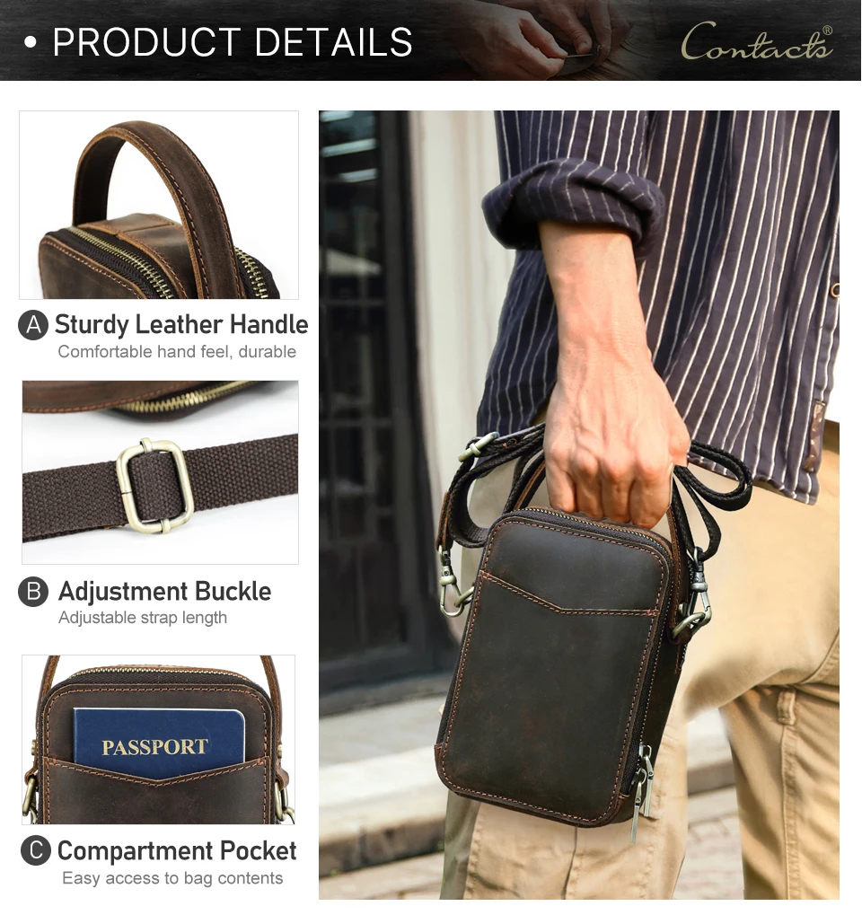 CONTACT'S männer Tasche Designer Echtes Leder Männer Kleine Schulter Tasche Vintage Umhängetasche Messenger Männlichen Geldbörse Telefon Taschen Handtasche – Detail 10