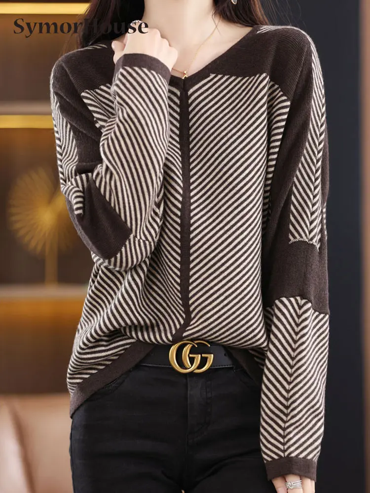 

Ladies Autumn Winter Striped Knitted Loose Sweater Women Pullover Tops Long Sleeve O Neck Casual Streetwear Women Sweater Female