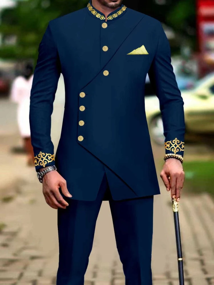 Suits for Men Slim Fit Embroidery Double Breasted Blazer and Pants Set