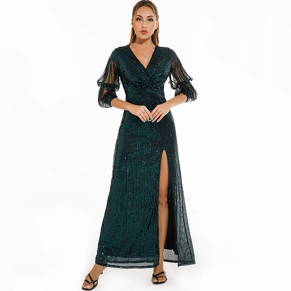 

Cutubly Vintage Sequin Long Prom Dress For Women 2023 Sexy V Neck Tassels Sleeve Split Sparkly Maxi Dress Club Evening Party