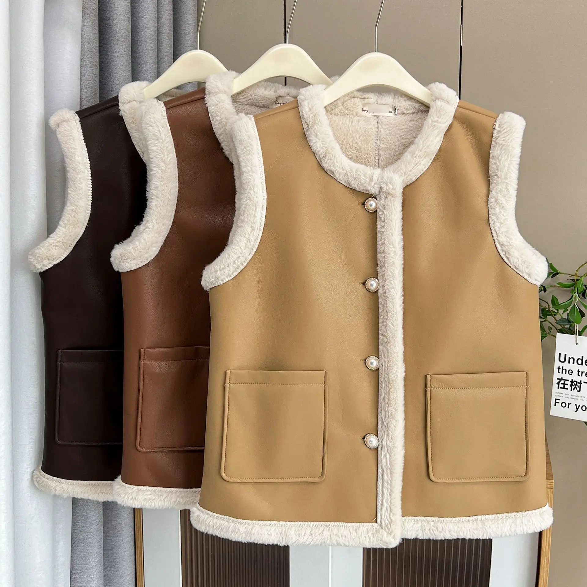 Plus Size Women Sleeveless Vest Winter Loose LEATHER & FUR Waistcoat 8554