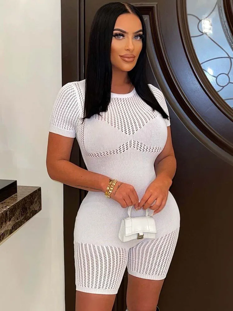 

Szkzk Sexy Knit Bodycon Playsuits Hollow Out Tight Jumpsuit For Women Night Club Wear Rompers Party Black White Jumpsuits Shorts
