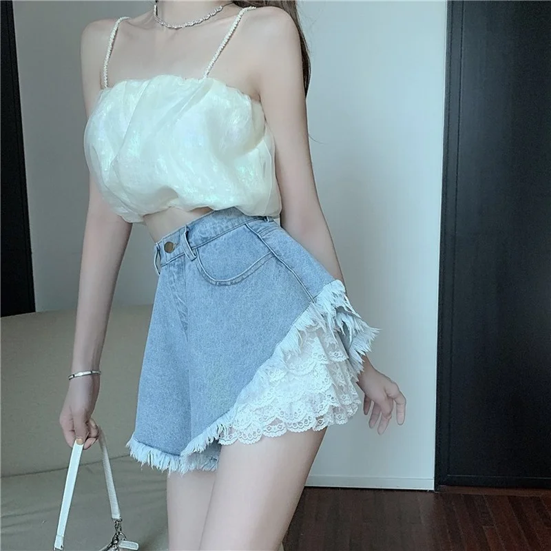 Female Summer Lace Leggings Two-piece Suit New Cute Women's Shorts Sexy High Waist Fringed Fringe Umbrella Pants Ruffled Shorts 2021 summer new irregular t mid length high waist slimming suit female summer puff skirt two piece trend