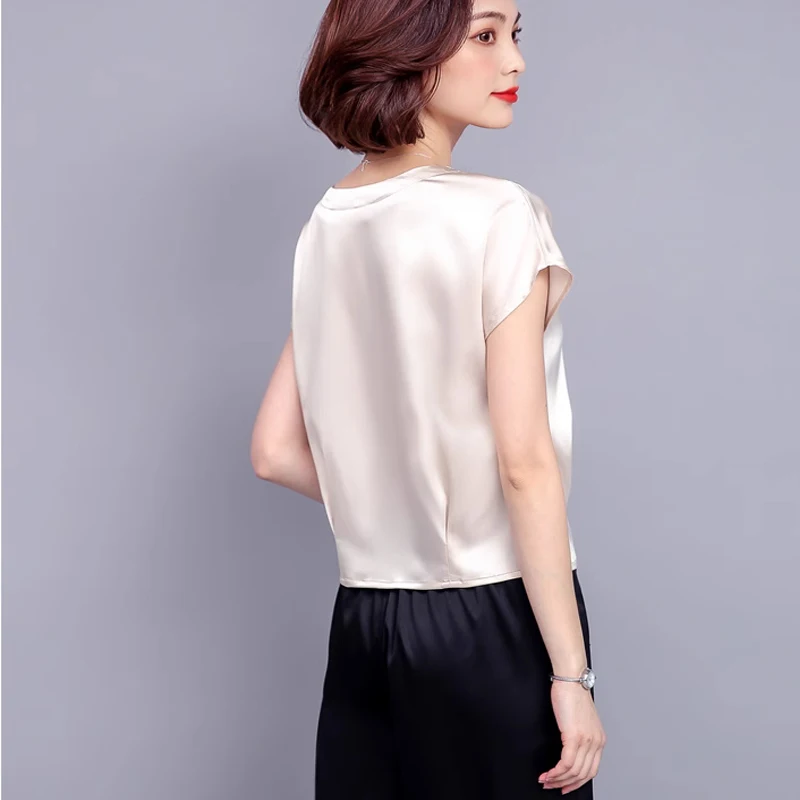 Women's Silk Short Sleeved Blouses Casual O-Neck Shirts Solid Loose Tops Spring and Summer Clothing New Fashion 0425