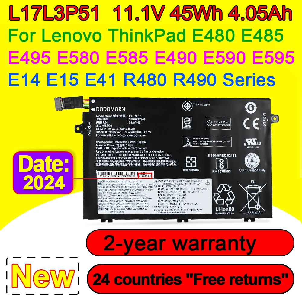 

L17L3P51 Laptop Battery For Lenovo ThinkPad E15 E480 E490 E495 E580 E585 E590 E595 01AV446 01AV445 L17C3P51 L17M3P51 11.1V 45Wh