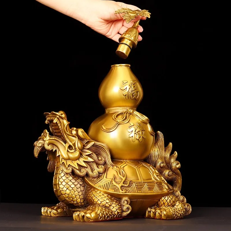 Large Brass Dragon Turtle & Gourd Statue - Lucky Feng Shui Decor for Home/Office, Open Mouth Wealth Tortoise Sculpture, Traditio