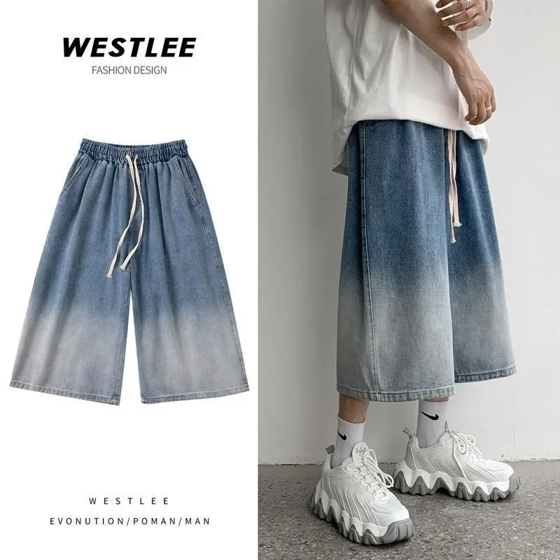 Men's Gradient Denim Cropped Pants Wide-leg Straight Loose Jeans Calf-length Pants men jeans denim pants