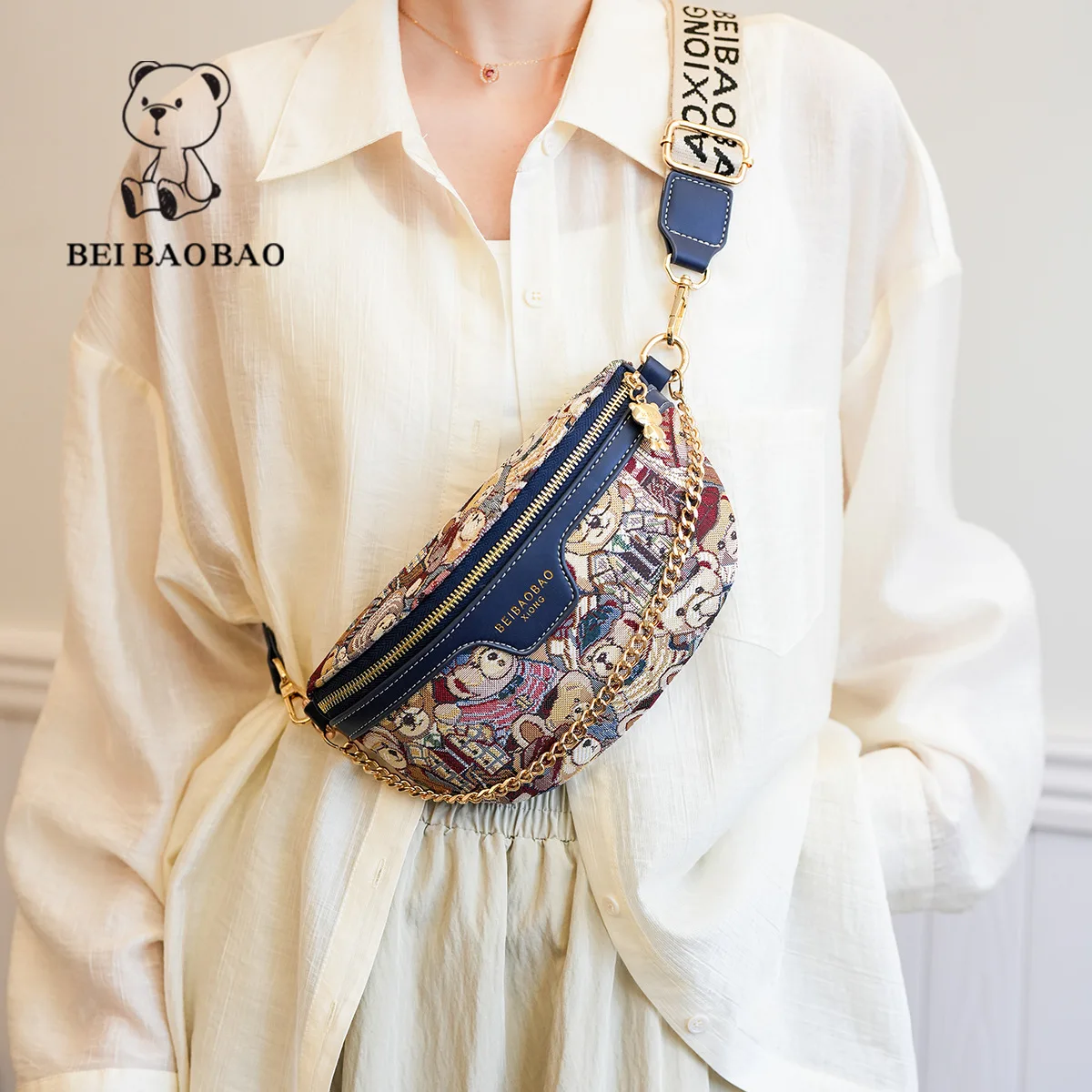 Beibaobao Summer New Fashionable Canvas Small Bag Bear Shoulder Cross Shoulder Lightweight Chest Bag Women's Waist