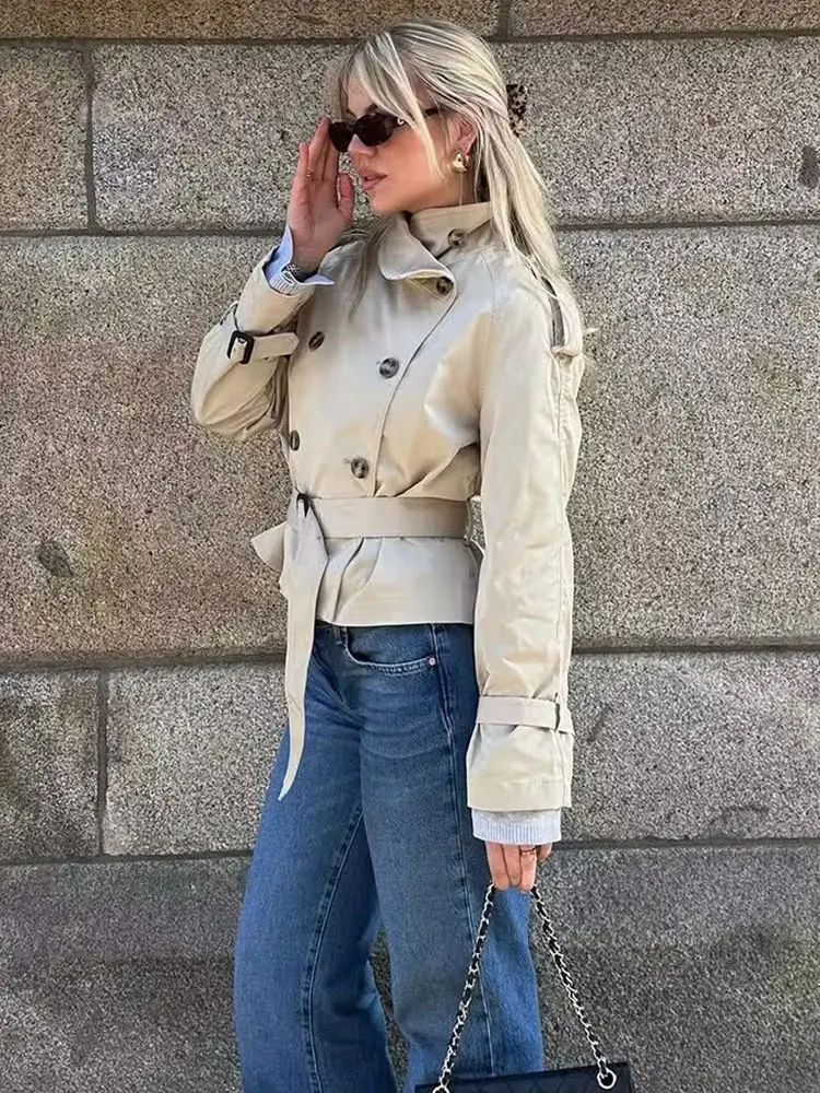 HH Women Vintage Solid Belt Trench Coat Windbreaker Double Breasted Long Sleeve Jackets Autumn Fashion High Street Lady Outwear