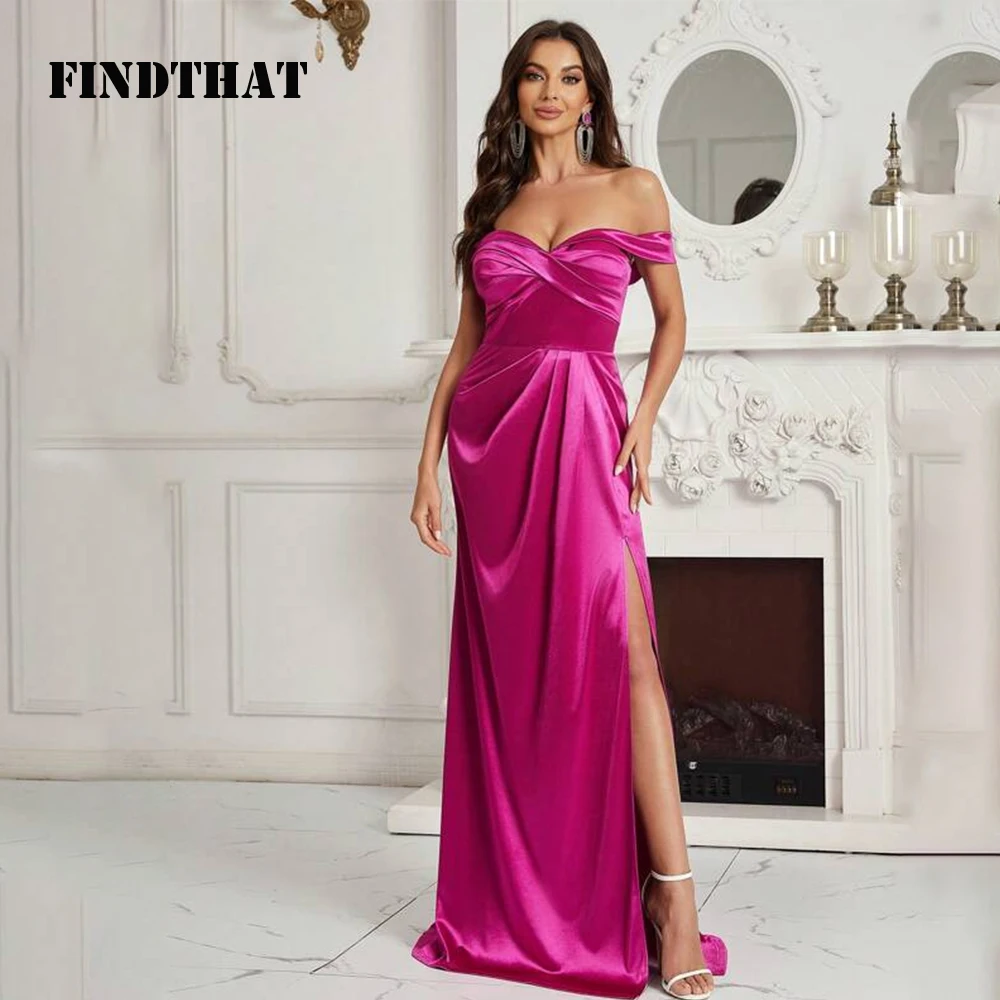 

Findthat Off Shoulder Bridesmaid Dress for Women Silk Satin Elegant Ruched Neck Zipper Back Side Slit Fuchsia Evening Prom Gowns