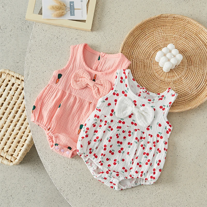 

Suefunskry Baby Girls Rompers Cherry/Carrot Print Bowknot Round Neck Sleeveless Infant Bodysuits Summer Cute Clothes 0-18Months