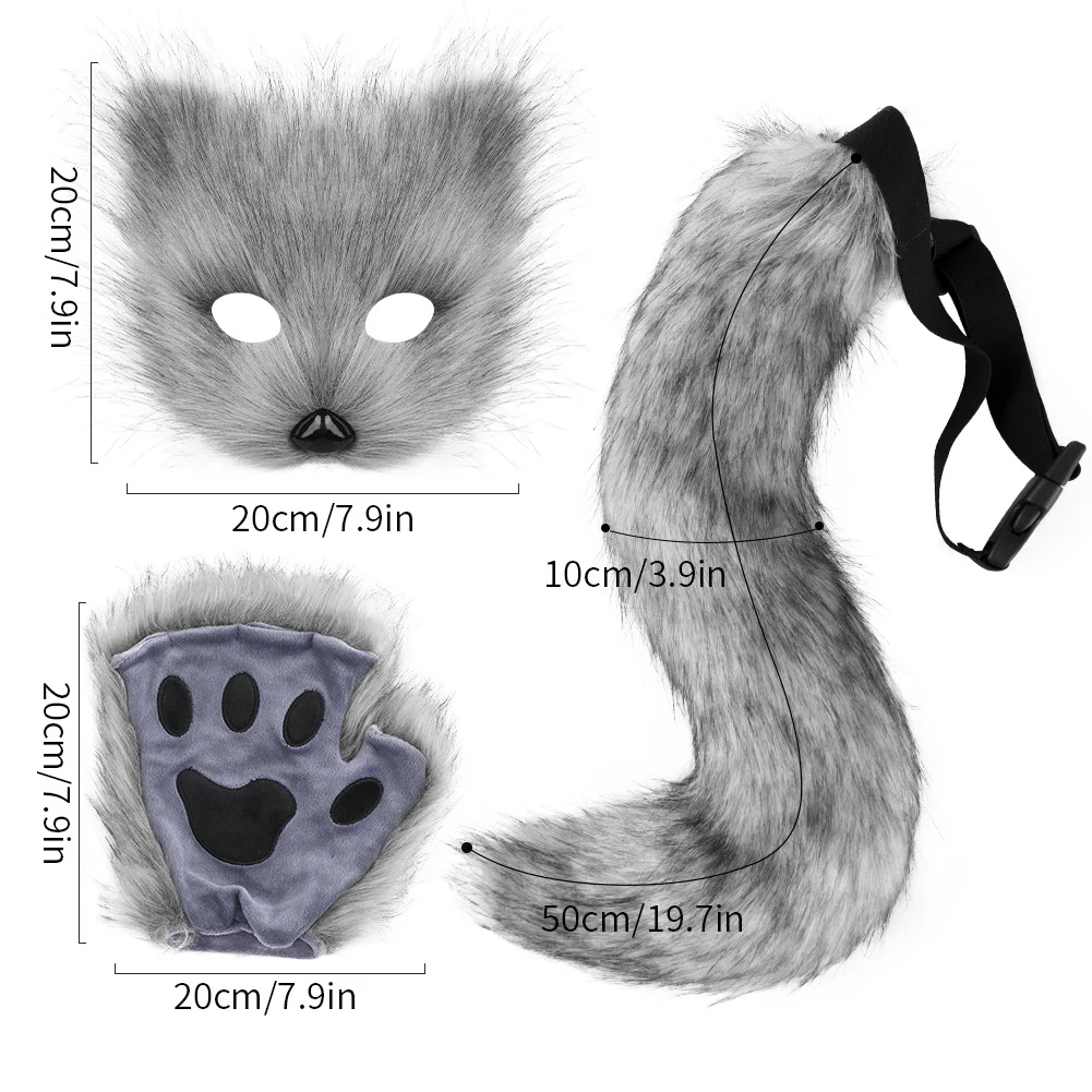 Costume party set simulated fox animal mask gloves plush fox tail hand tail costume props accessories children adult toys
