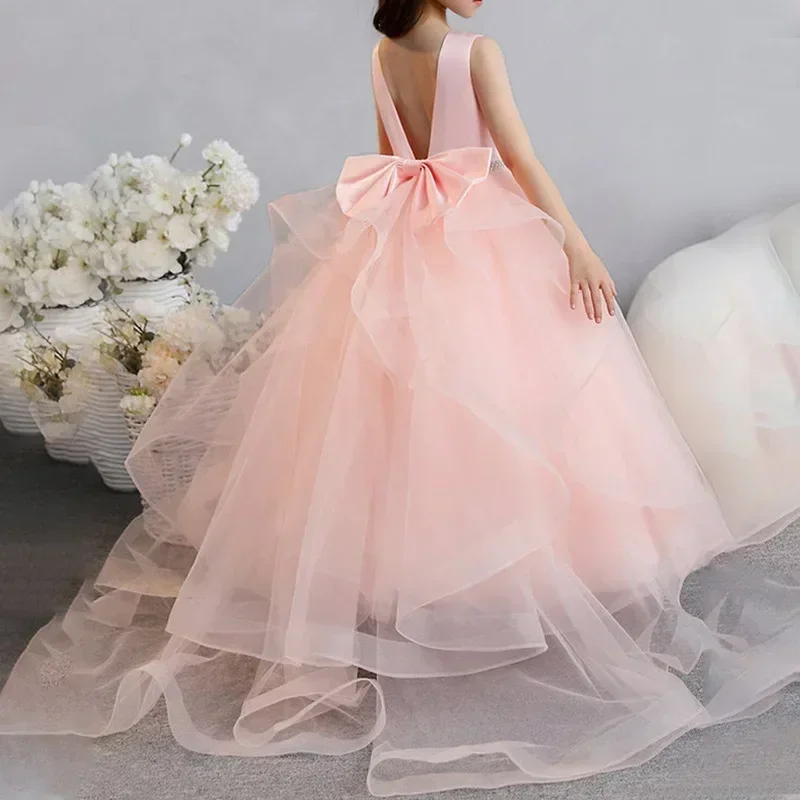 

Cute Pink Flower Girl Dress Detachable Tail Beaded Belt Bow Children Kids Baby for Wedding Birthday Party First Communion Dress