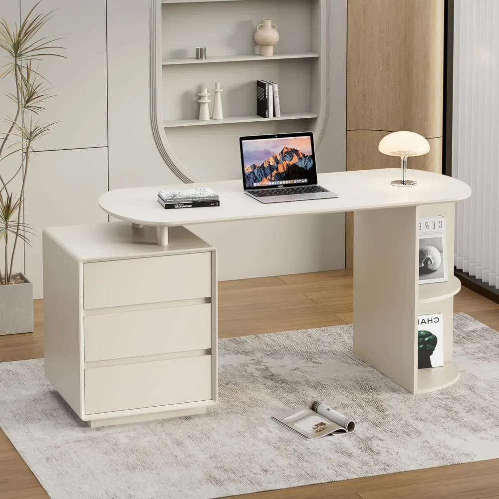 55inch Computer Desk with Drawers and Storage Shelves, Modern Simple Style Laptop Desks, Home Office Writing Desk