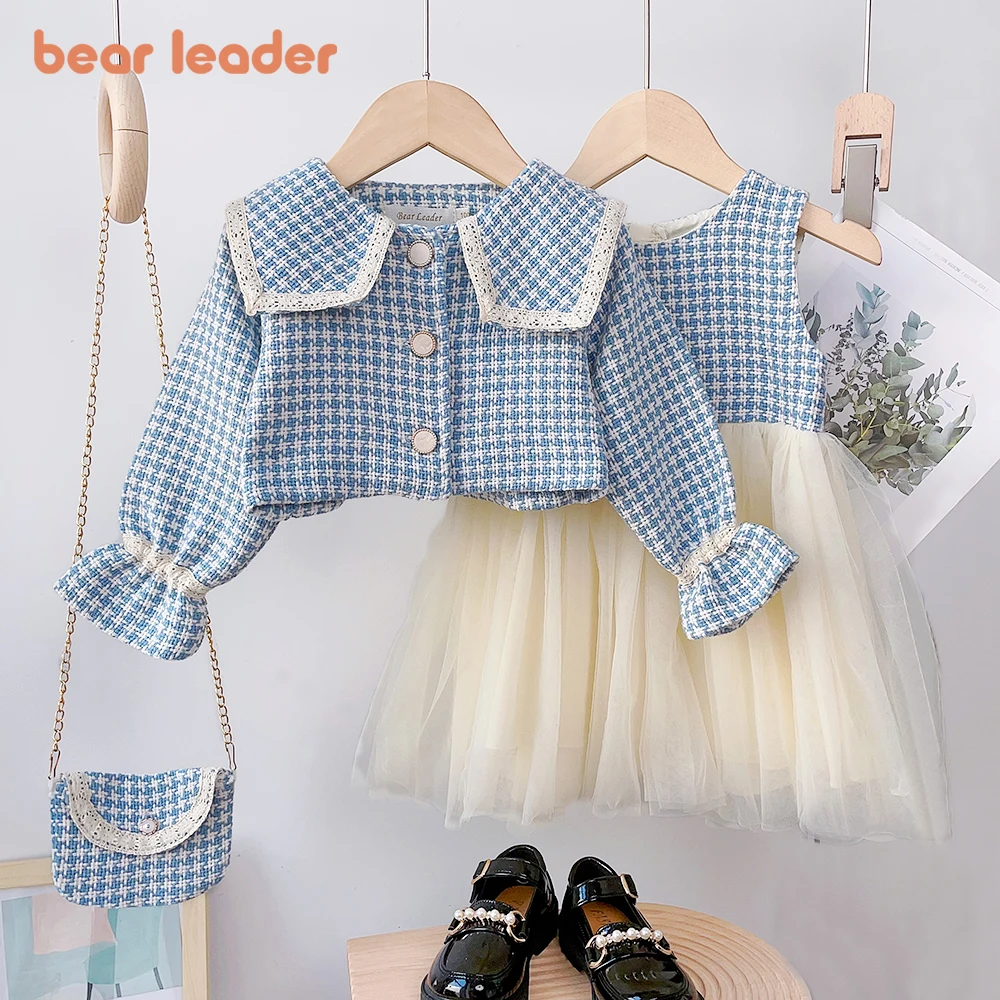 

Bear Leader Girls' Set 2-6 Y Spring and Autumn New Girls' Checker Tank Top Dress Vintage Coat 3 Piece Fashion Baby Party Set