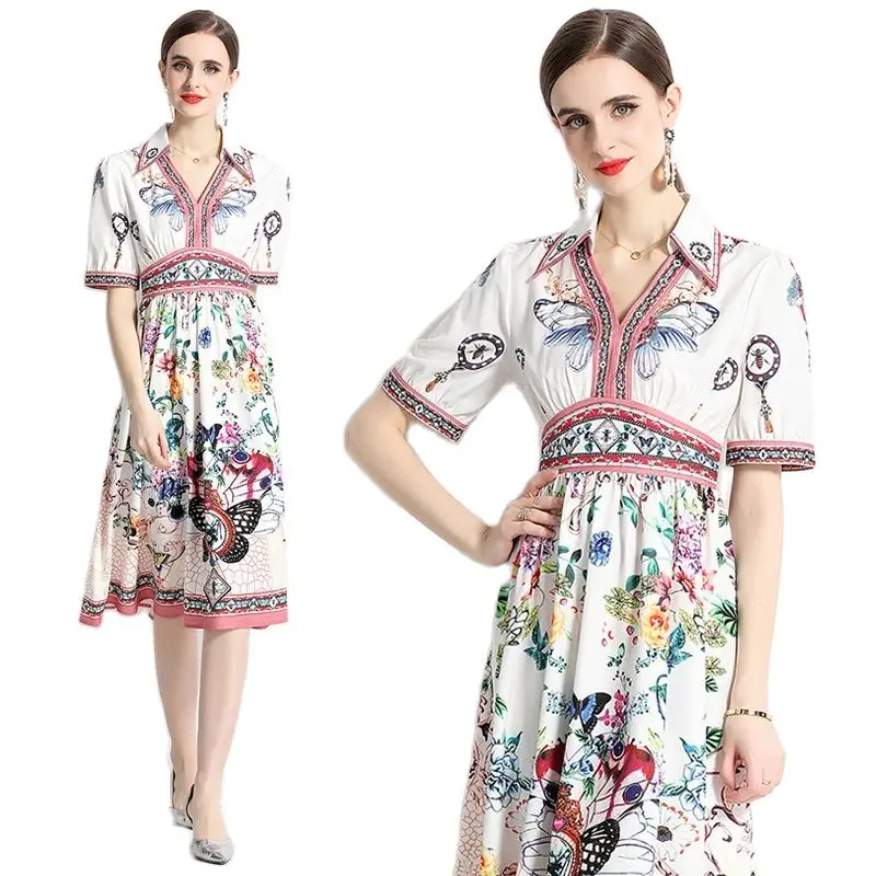 

Midi Floral Dress for Women, V-Neck, Short Sleeve, Slim, High Waist, Party, Big Swing Dresses, Vacation, Designer, Summer, 2023