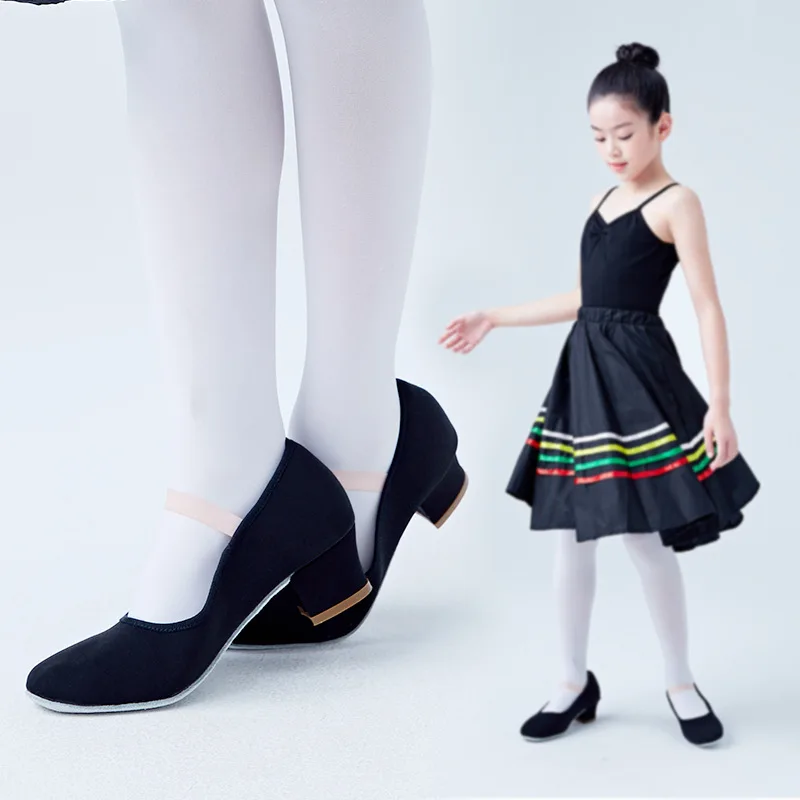 

Dance Shoes Female Adult Soft Sole Strap Heel 2.5cm Black Canvas Teacher Representative Children Ballet Exam Grade Dancing Shoes