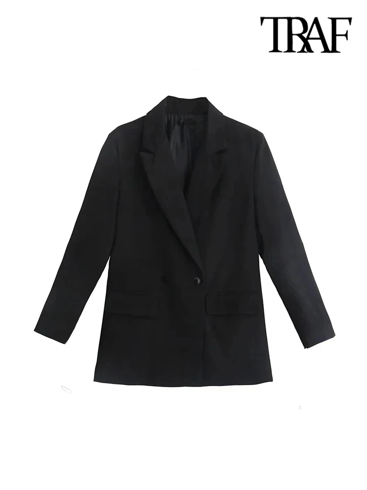 TRAF Women Fashion Double Breasted Loose Fitting Blazer Coat Vintage Long Sleeve Pockets Female Outerwear Chic Veste Femme 2