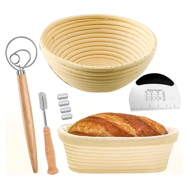 

Bread Proofing Basket SET of 2 with Starter Kit-Round and Ovel Bread Baking Bowl Tools -Bread Lame- Dough Scraper