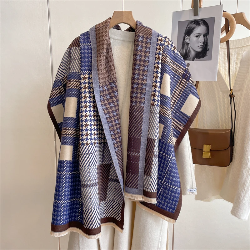 Grueso invierno cálido manta de Cachemira Bufanda mujer estampado geométrico Pashmina Poncho chal envuelve con borla Bufanda Casual_voghion.com