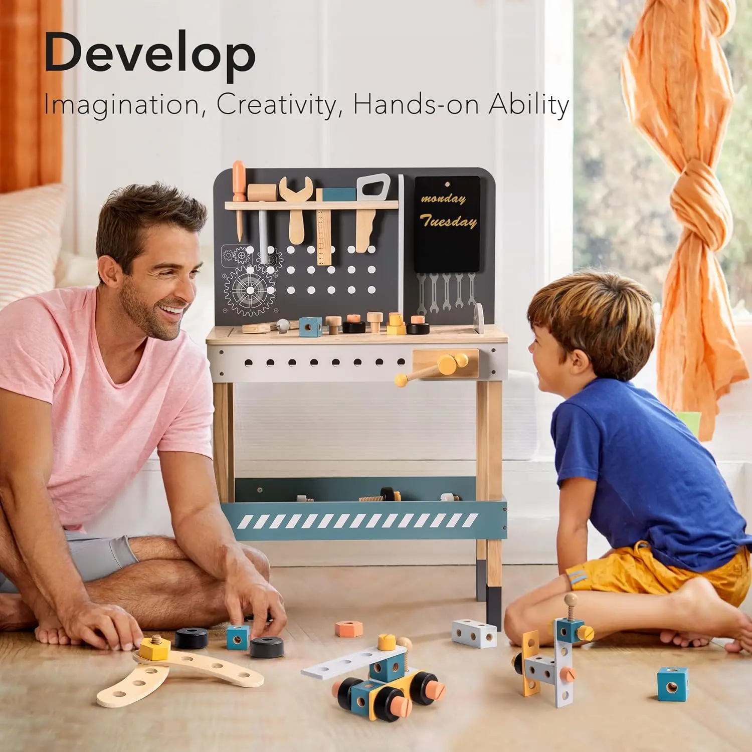 Robotime Kids Tool Bench Wooden Toy Tool Bench with Tools Blue Kids Pretend Play Learning or Boys & Girls Age 3-5 Blue