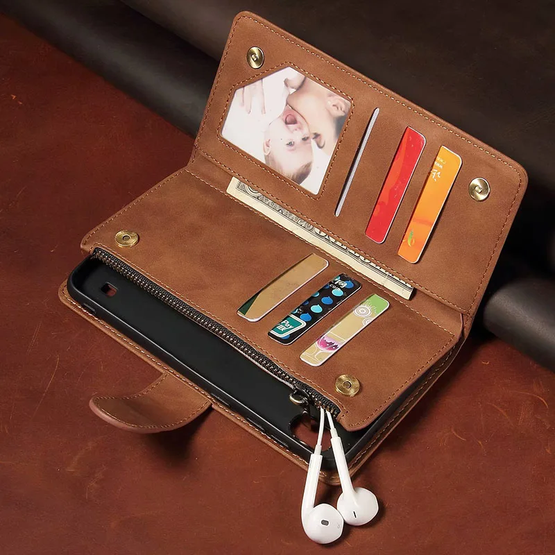 Luxury Leather Wallet with Magnetic Zipper - Retro Flip Card Stand Mobile Case