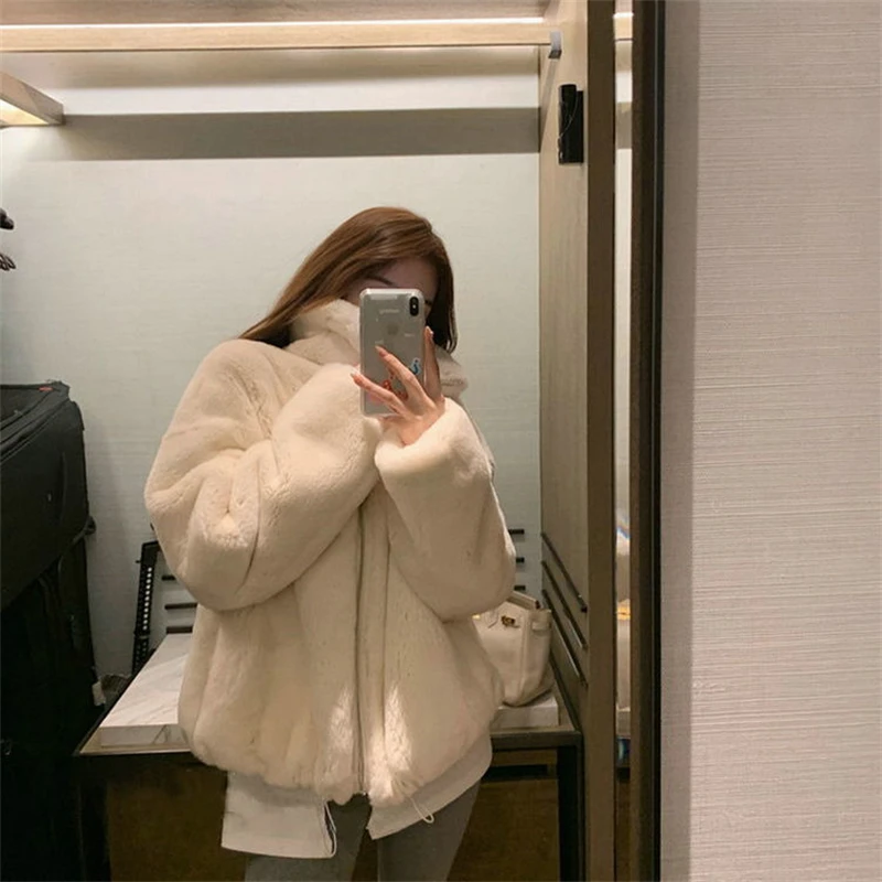 Winter Solid Color Faux Fur Lambwool Coat Women's Korean Version Loose Simplicity Stand-up Collar Jacket Fashion Clothing Coat