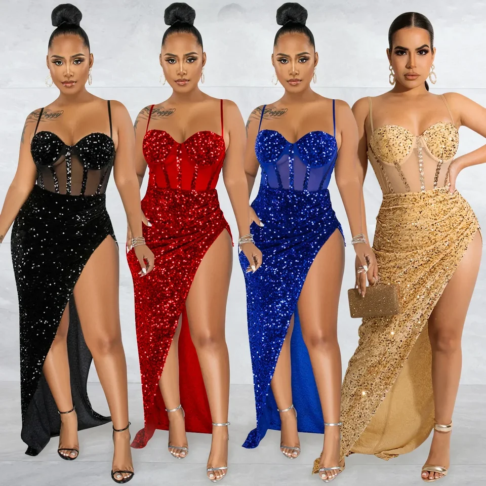 CM.YAYA Women Mesh Patchwork High Side Split Sequin Bodycon Midi