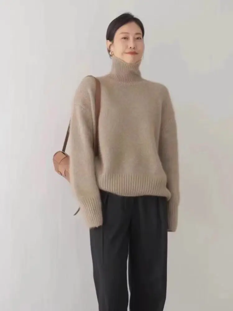 Heavyweight all-wool sweater for women, high-neck, loose, casual and versatile knitted, lazy Korean style sweater, thickened for 6