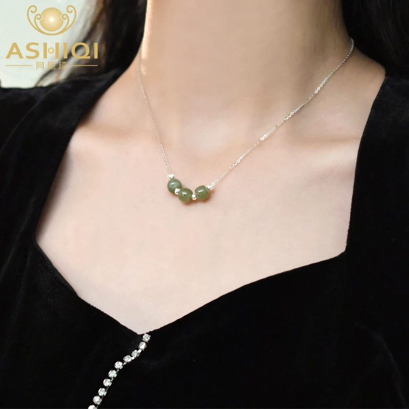 ASHIQI 925 Sterling Silver Natural Nephrite Necklace Fashion Jewelry for Women 2022 New Trend