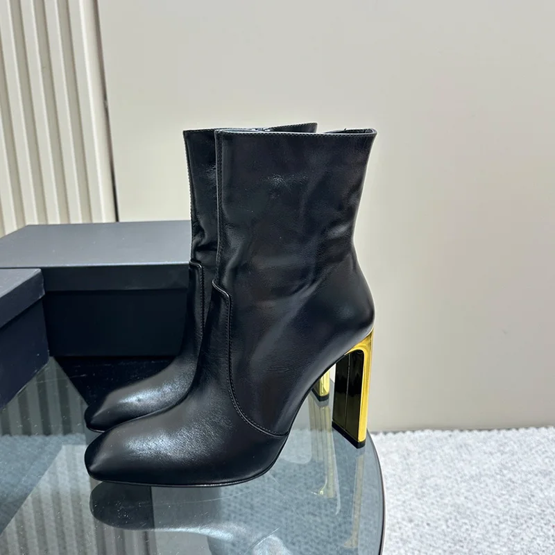 

Ботильоны женские на высоком толстом каблуке, лакированные полусапожки на молнии, элегантные свадебные полусапожки, цвет золотистый