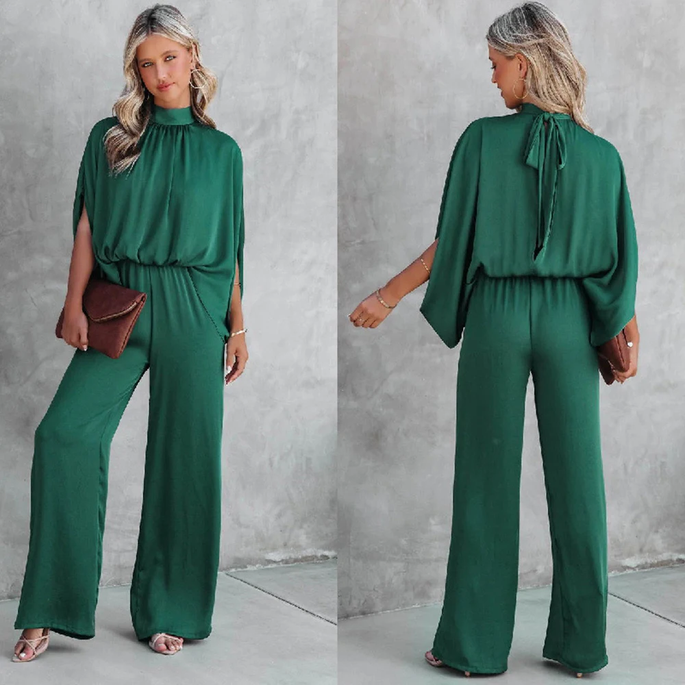 Long Sleeve Jumpsuit - Elegant Night, Solid Color, Wide Leg