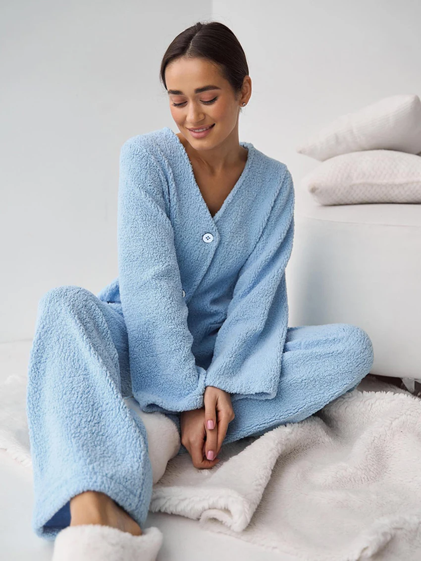 Marthaqiqi New 2023 Winter Home Clothes Sexy V-Neck Sleepwear Long Sleeve Nightgown Wide Leg Pants Blue Casual Femme Pajama Suit