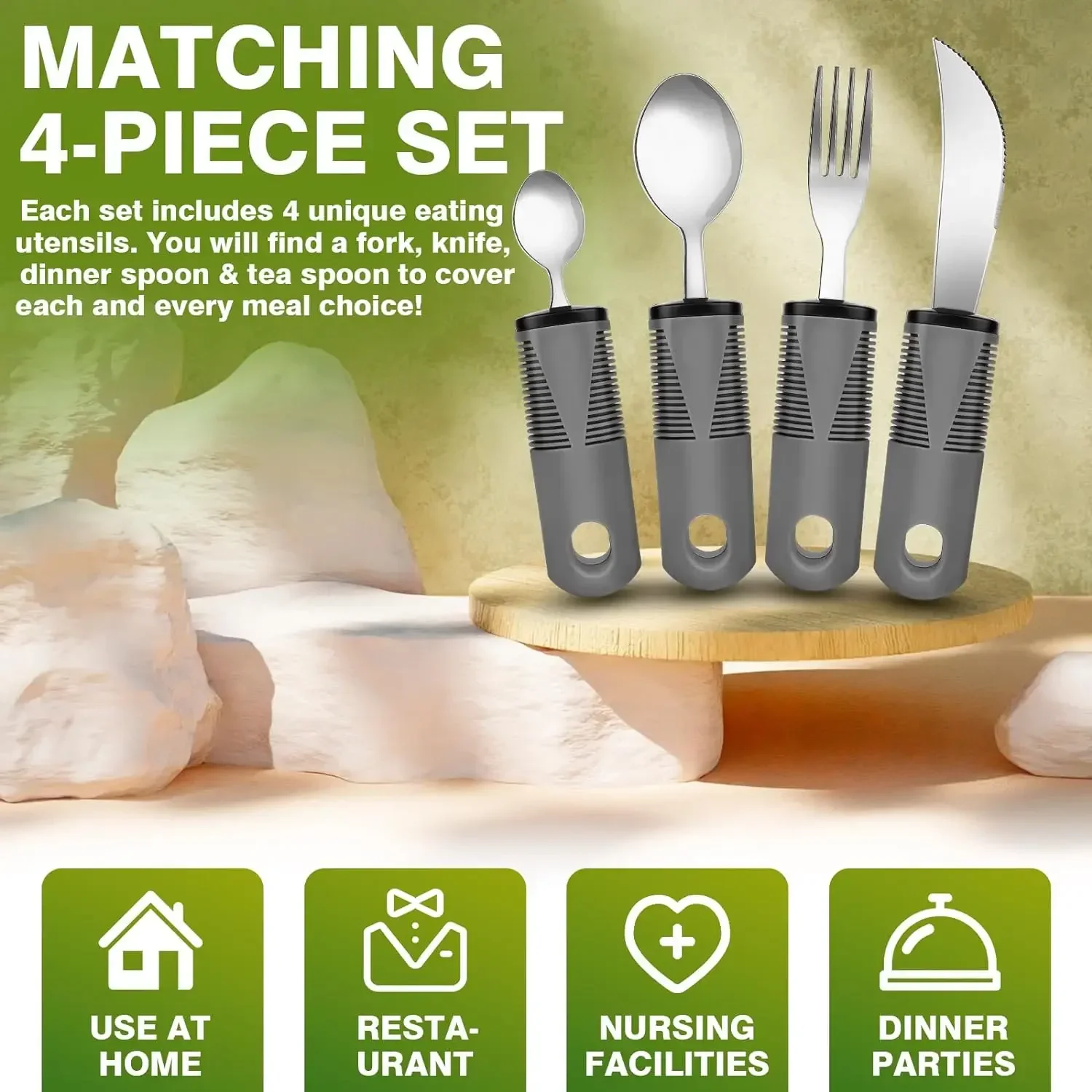 4 Adult Extra Wide Handles Disabled Cutlery Set with Knife Fork Spoon for Adult Elderly Parkinson