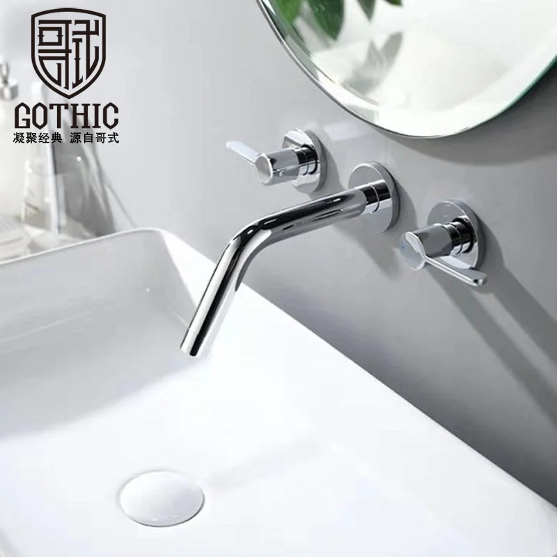 

Готический настенный смеситель для ванной комнаты, скрытый смеситель для раковины с двумя ручками, матовый черный латунный Смеситель для горячей и холодной воды