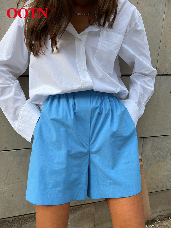 OOTN Street Blue Elastic Waist Shorts Women Spring Fashion Casual Pockets Shorts 100% Cotton Solid High Waist Short Pants 2024