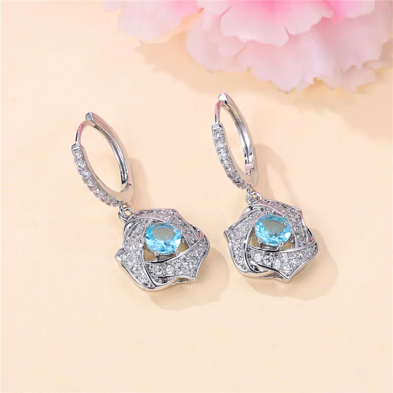 Female Crystal Light Blue Zircon Stone Dangle Earring Cute Tassel Long Wedding Jewelry For Women