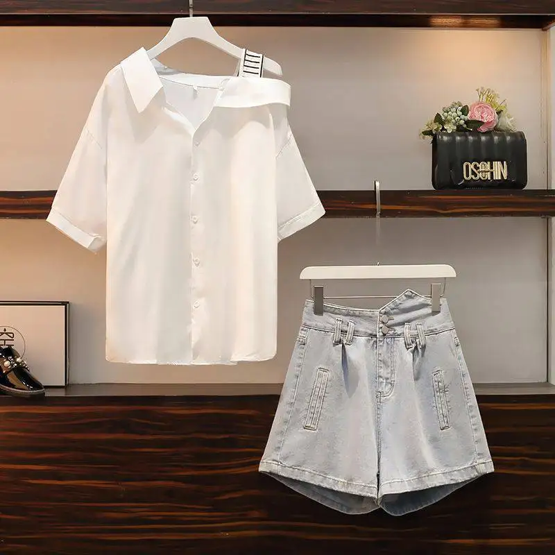 

Summer New Women's Casual Set Irregular Design Neckline Off Shoulder Short sleeved Shirt+High Waist Denim Hot Shorts Two-Piece