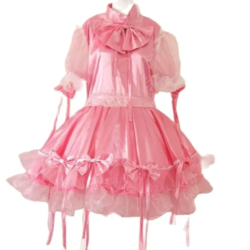 

Multi Color Adult Giant Baby Sexy Girl Pink Satin Thin Short Sleeved Sissy Dress Japanese Maid Dance Dress Custom Lockable