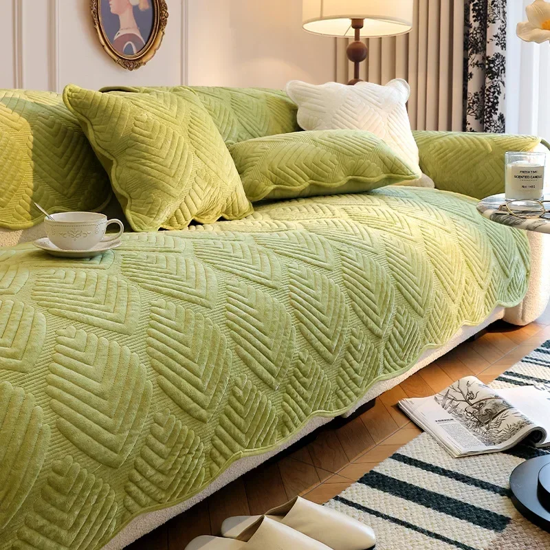 1PC Soft Velvet Sofa Cover for Living Room Winter Warm Leaves Sofa Towel Non-Slip Universal L Shaped Couch Slipcover Protector 4