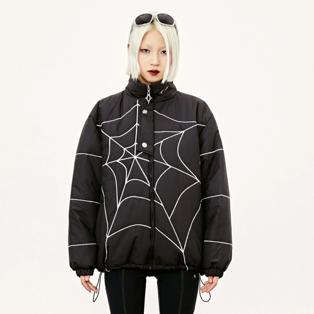 

Turtleneck Embroidery Spider Web Zip Up Quilted Coats for Women Girl Y2k Goth Academia Jackets Coats Streetwear Winter Clothes