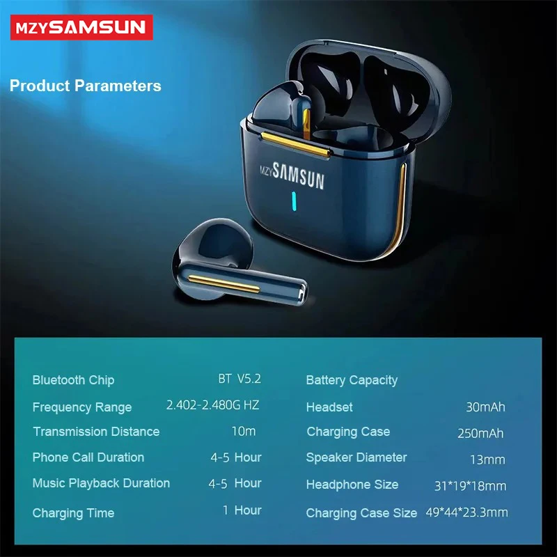 MZYSAMSUN H6 무선 헤드셋, 블루투스 5.2 이어버드, TWS 인이어 헤드폰, 터치 컨트롤, 게임 모션, 마이크 헤드셋