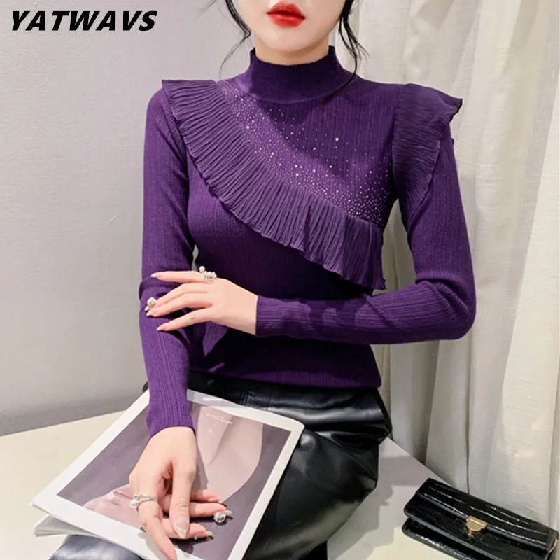 

Runway Spring New Fashion Women Turtleneck Long Sleeved Sweater Pullover Chic Ruffled Diamonds Stretch Slim Knitted Girl Tops