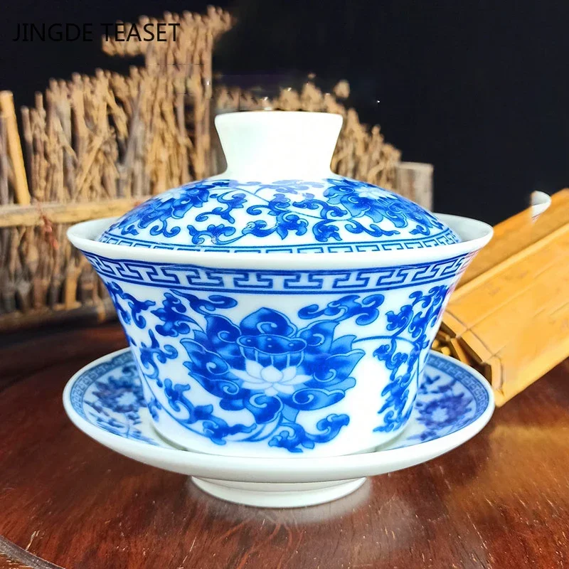 Jingdezhen Ceramic Gaiwan Flower pattern Teacup Handmade Tea tureen Chinese White porcelain Tea set Accessories Tea Ceremony